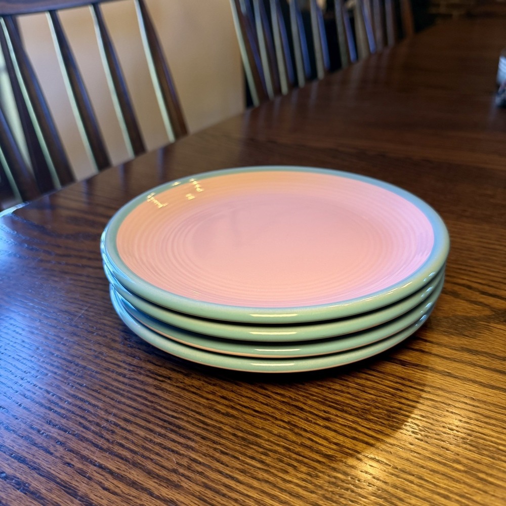 Vintage Rio Stoneware Pink Japan Side Salad Plate Blue Trim MCM Retro Set Of 4